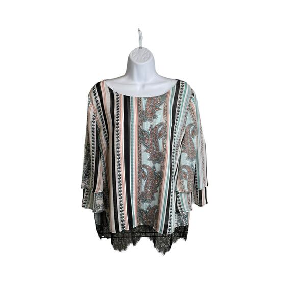 Chico's Women's Paisley Tiered Sleeve Top Size 2 Large Flowy Boho Lace Hem - Picture 1 of 10